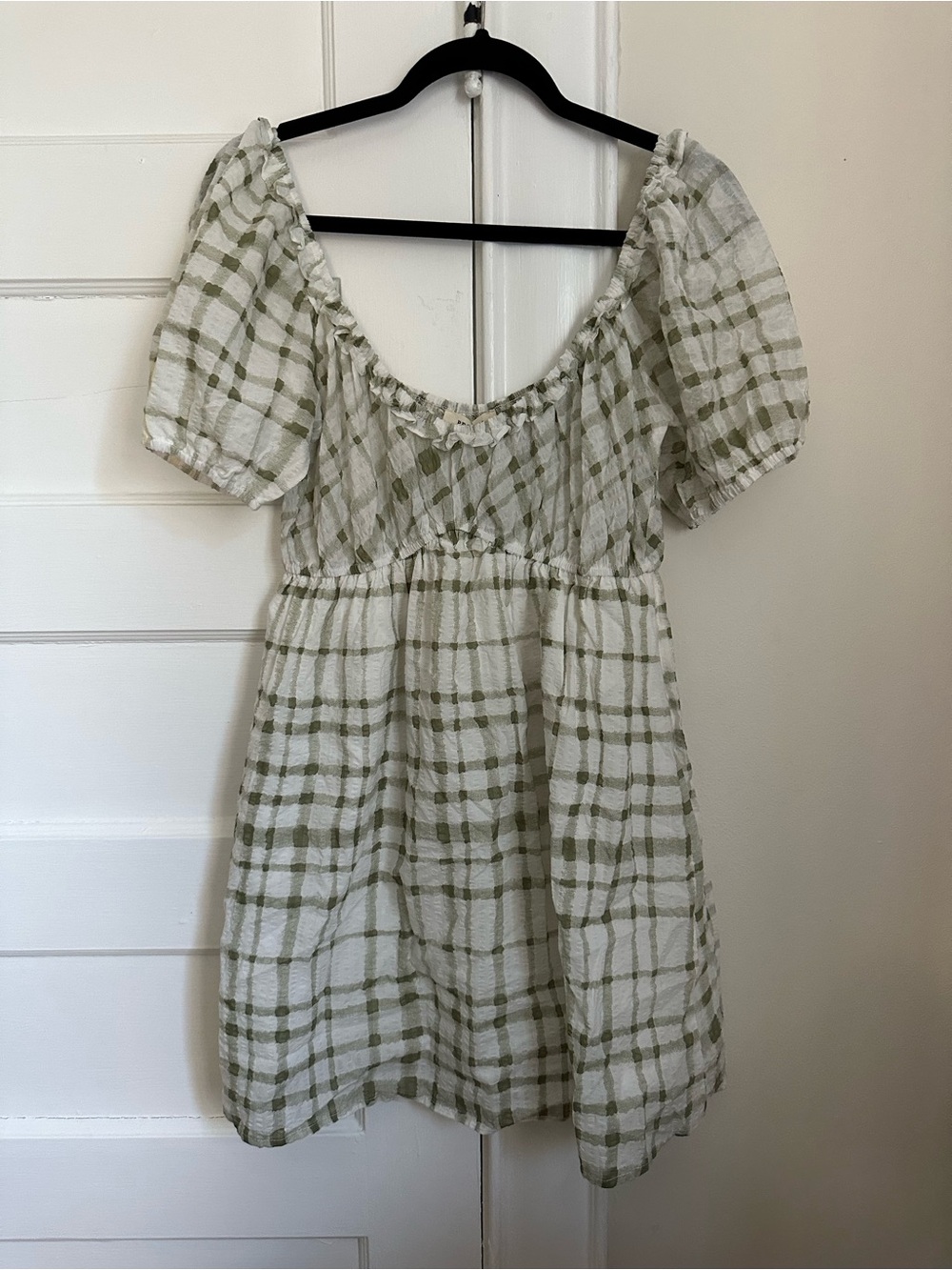 Promesa White and Green Plaid Puff-Sleeve Mini Dress